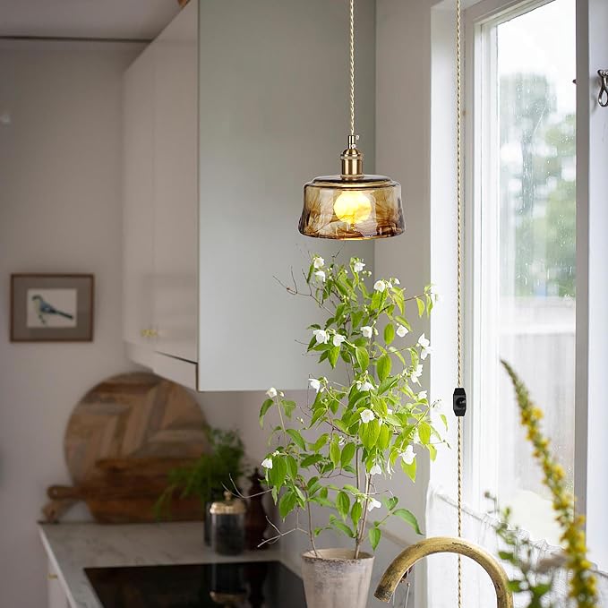 Sedelan Plug in Hanging Light, Glass Hanging Lights with Plug in Cord，Dimmable Pendant Lights Kitchen Island, Vintage Pendant Light Fixtures for Living Room Bedroom Hallway - Image 4