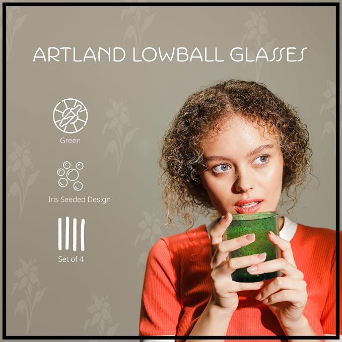 Artland 14oz Double Old Fashion Glass, Set of 4 | Iris Seeded Design, Green | Drinking Glass for Parties and Everyday Use - Mojito, Whiskey, Cocktail | Glassware & Barware Essentials - Image 2