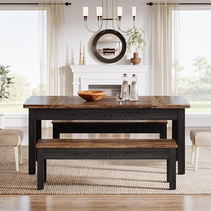 Tribesigns Farmhouse Kitchen Table Set for 4-6, 55-Inch Wooden Dining Table with 2 Benches, Space Saving 3 Pieces Heavy Duty Dinette for Dining Room, Kitchen, Small Space (Black-Brown) - Image 5