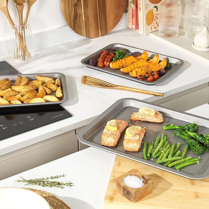 Salter Essentials Baking Tray Set, 3 Pack 31/35/39 Cm | Carbon Steel, Non-Stick Coating, PFOA-Free, Dishwasher Safe, Stackable Design, Made In The UK, For Pastry And Cookies - Image 3