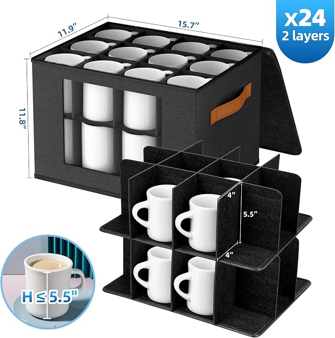 Foyego Cup and Mug Storage Box with 24 Dividers, Dark Gray, 2-Layer | with Lid, Visible Window, Soft Handles, for Packing and Moving, Stackable Storage Containers for Coffee Mug Cups and Glasses - Image 2