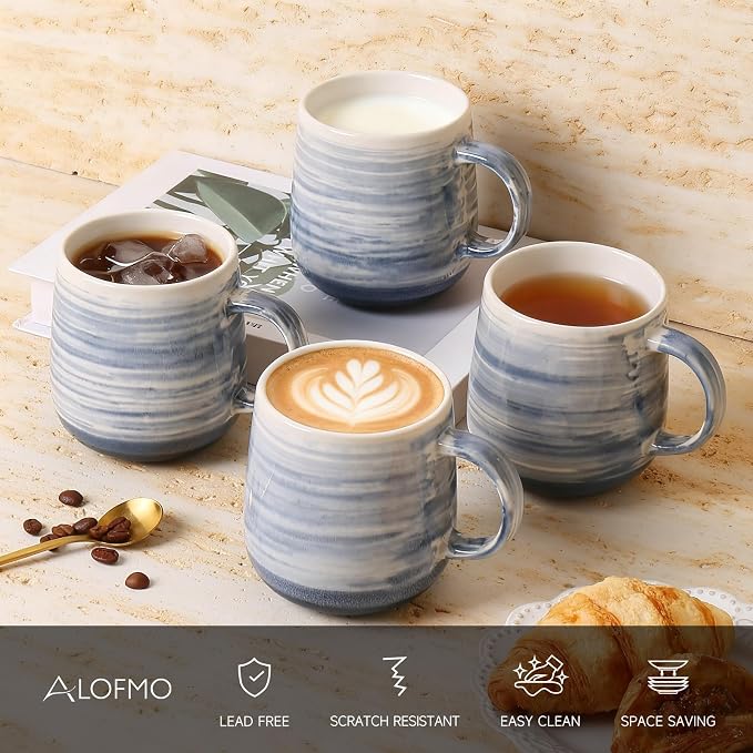 Coffee Mugs, Set of 4 Ceramic Mugs with Blue and White Gradient Stripes, 12oz Modern Cups with Comfortable Handle - Dishwasher & Microwave Safe, Design for Home, Office, Daily Use - Image 4