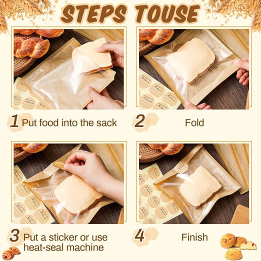 Outus 1500 Pcs Cookie Packaging Bags with Seal, 7.1 x 7.5 Inch Bakery Pastry Bags with Window, Heat Sealable Grease Resistant Paper to Go Bake Sleeves for Gift Giving Donut Bread Sandwich (Brown) - Image 4