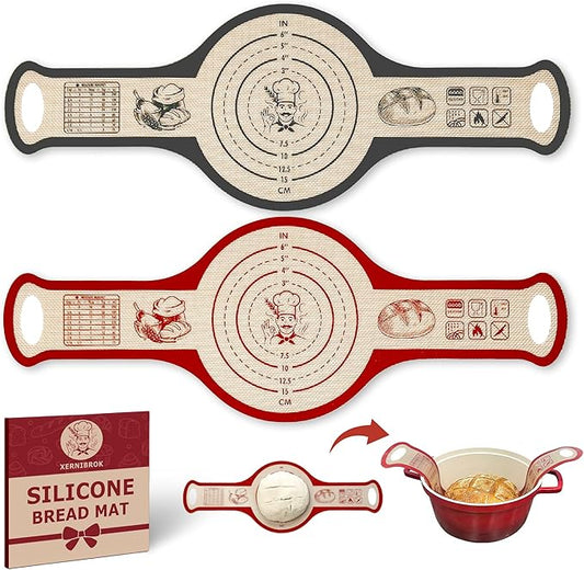 Silicone Bread Sling for Dutch Oven, 2 PCS Non-Stick Reusable Bread Baking Mats with Long Handles, Seamless Design Easy to Transfer Sourdough Sling Silicone Sourdough Sling Dough (Round Red, Gray)