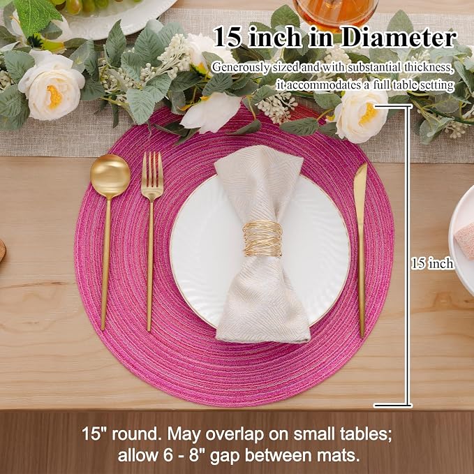 SHACOS Round Placemats Set of 4 Round Table Placemats Braided Cotton Place Mats 15 inch for Kitchen Dining Table Holiday Party (Hot Pink, 4) - Image 6