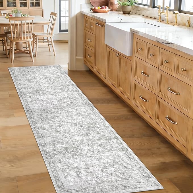 2x8 Hallway Runner Rug: Washable Vintage Floral Entryway Rugs Low Pile Non-Slip Boho Carpet for Kitchen, Bedroom, Bathroom, Dining Room (Grey, 2'x8') - Image 4