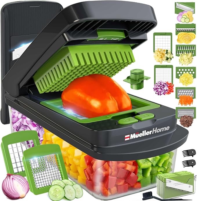 MUELLER HOME Pro-Series 10-in-1 Vegetable Chopper with Container, 8 Blade | Fruit Cutter, Dicer, Tomato Slicer, French Fry Cutter Potato Slicer, Salad Chopper, Gray/Green by Mueller