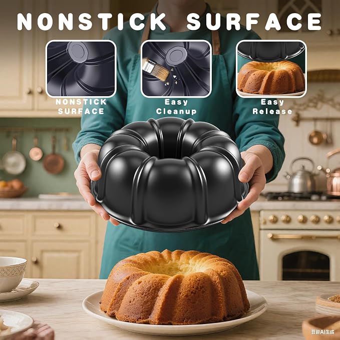 10” Cake Pan, Nonstick Fluted Cake Pan, Buntz Pound Cake Mold,Tube Bakeware,Baking Mold for Jello/Gelatin/Chocoflan, Non Toxic, Easy Clean - Black - Image 6
