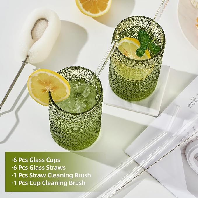 16oz Hobnail Drinking Glasses Set of 6, Vintage Large Capacity Embossed Green Tumblers, Highball Glasses for Water, Cocktail, Beer, Whiskey, Juice & Bar Use - Image 5