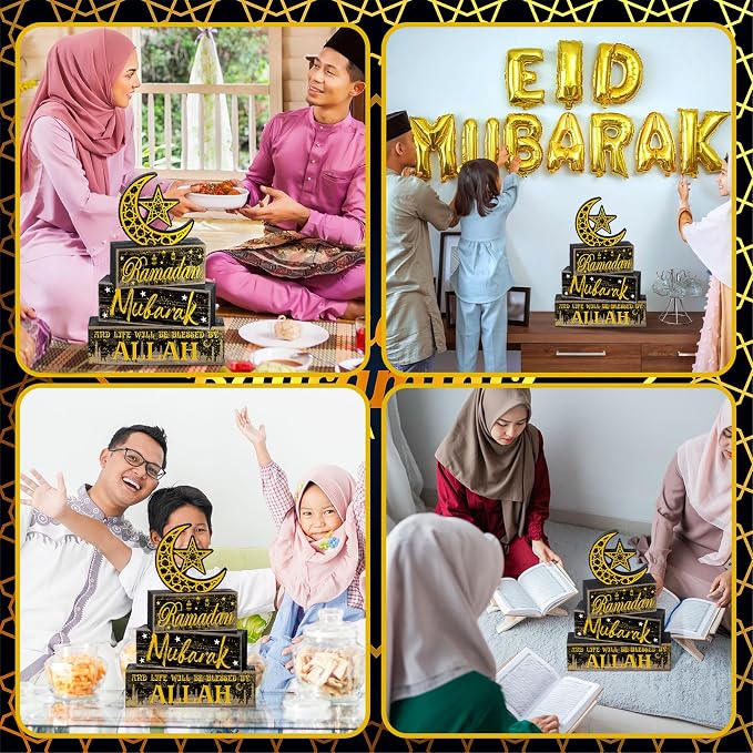 Moucuny 4 Pcs Ramadan Mubarak Table Decor Wooden Eid Mubarak Tabletop Signs for Home Black and Gold Muslim Islam Ramadan Mubarak Centerpiece for Islamic Gifts Kareem Home Table Decor - Image 4