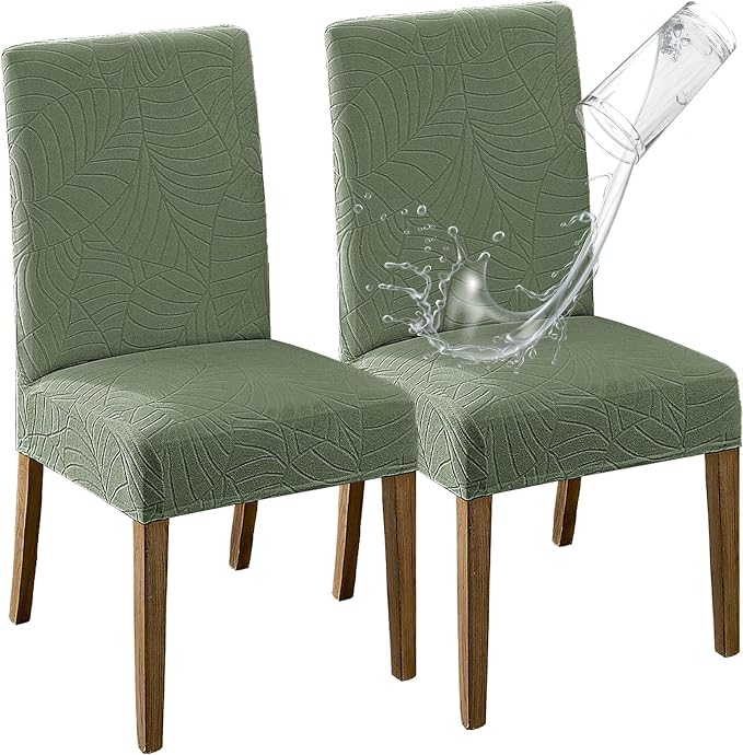 MOSAYT 100% Waterproof Dining Room Chair Covers Set of 2, Super Fit Stretch Jacquard Parson Chairs Slipcovers Removable Washable Chair Seat Protectors for Home, Kitchen, Banquet (Green) by MOSAYT