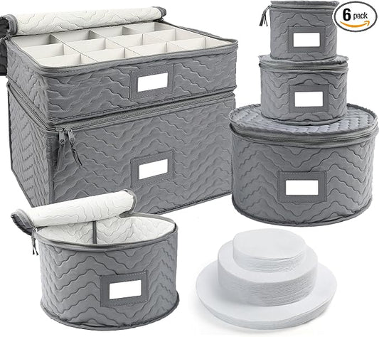 LotFancy China Storage Containers - Quilted 6-Piece Set Storage Box- Stores Chinaware, Stemware, Dinnerware, Dish Storage Service for 12, 48 Pcs Felt Protectors, Cardboard Dividers Included by LotFancy