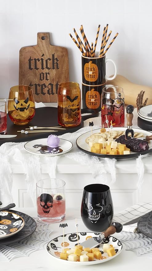 Oneida Vintro Halloween Stemless Wine Glasses, Set of 4 | dishwasher safe | skeleton and bat designs | halloween party glassware | 5 inch, 18oz, halloween kitchen decor - Image 5