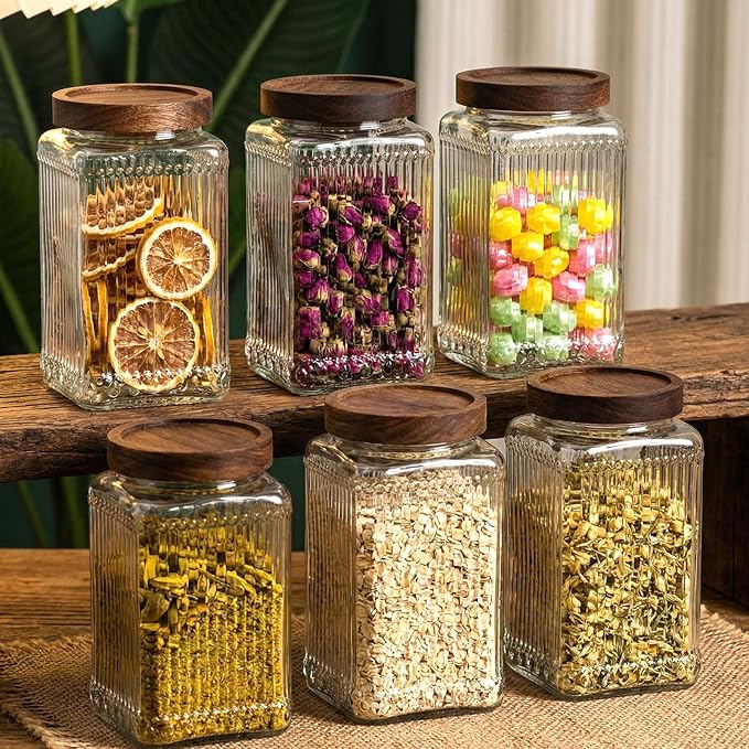 6 Pcs Vintage Glass Storage Jar with Lid 34 oz Glass Containers Stylish Ribbed Pattern Airtight Kitchen Jars Candy Jar for Food Cookies Candy Coffee Tea Beans Grains Storage - Image 7