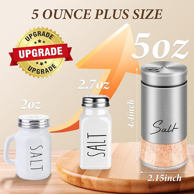 Stainless Steel Salt and Pepper Shakers Set, 5 oz | Salt Shaker with Adjustable Pour Holes, Modern Pepper Shaker for Kitchen Metal Gadgets with Glass Bottom (Silver) - Image 2