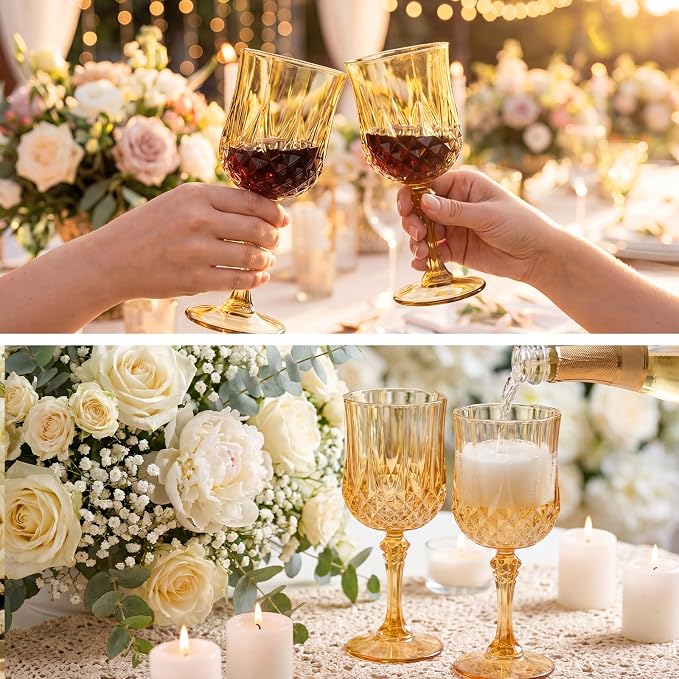 Sliner 48 Pcs 7oz Plastic Vintage Wine Glasses Drinking Goblets Unbreakable Crystal Water Glassware Reusable Diamond Champagne Flutes Cups for Wedding Banquet Birthday Party Supplies (Gold) - Image 4