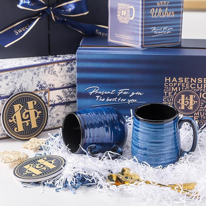 HASENSE Ceramic Coffee Mugs Gift Set for Men, Women, Blue Reactive Glazes | 15oz Coffee Cups with Handles, Vintage Luxury Birthday Gift Ideas for Dad, Mom, Friends, Coworkers, Wife, Couples, 2 Pack - Image 5