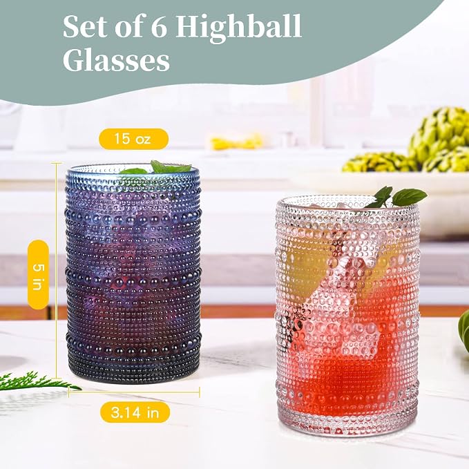 Blue Hobnail Drinking Glasses Set of 6,15 oz Vintage Highball Glasses,Drinkware Kitchen Glasses for Cocktail,Iced Coffee,Beer,Ice Tea,Wine,Whiskey,Water - Image 3