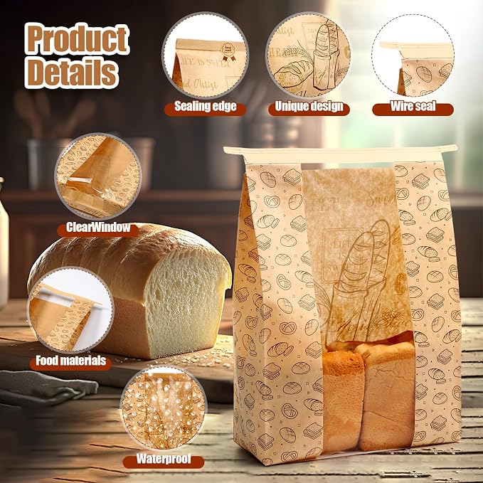 Feifeiya 600 Pack Kraft Paper Bread Bags for Homemade Sourdough Bread Bag with Clear Window 13.7 x 8.2 x 3.5 Large Bakery Packaging for Treat Storage Gift Giving with Seal Sticker - Image 3