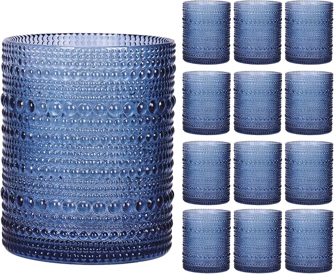 Moretoes 12 Pack 10 Oz Blue Vintage Hobnail Drinking Glasses Set of 12 | Cocktail Glasses Vintage Glassware, Textured Glass Cups Bubble Glasses Water Glasses Old Fashion Jupiter Glasses Set by Moretoes