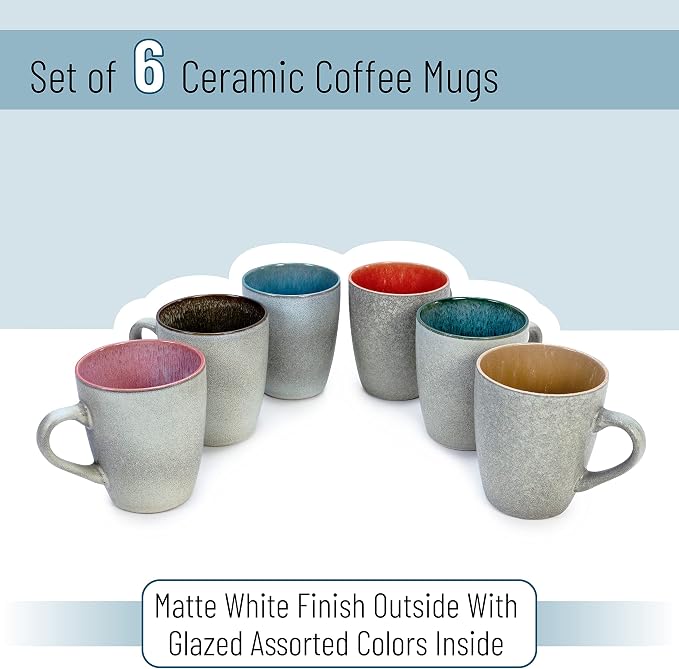 BTaT- Porcelain Coffee Mugs Set, 12 oz (350ml), 6 Pack, Ceramic Coffee Mugs, Matte White Outside and Colorful Inside, Restaurant Cups for Tea, Cappuccino, Cocoa, Cereal, Mug Gift Set, Dishwasher Safe - Image 2