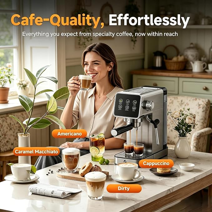 AMZCHEF 20 Bar Home Espresso Coffee Machine | LED Touchscreen, Built-in Milk Frother, Self-Cleaning Function, Makes Latte & Cappuccino, Ideal Coffee Starter Machine - Image 5