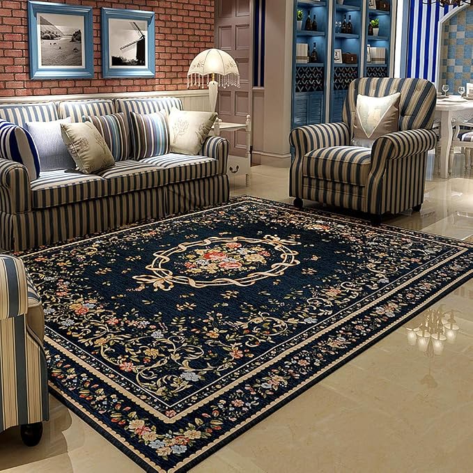 Elegant Traditional Accent Floral Floor Rugs Vintage Rustic Area Rugs for Living Room Bedroom Dinning Room, 55'' x 79'', Navy Blue by Ukeler