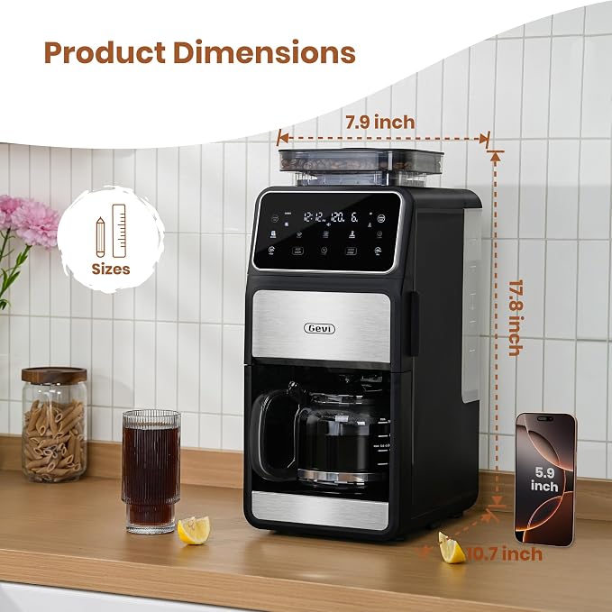 Gevi 10-Cup Drip Coffee Maker With Built-In Burr Grinder & Touch Screen | Programmable Brewing, 4-Hour Warming Plate, Permanent Filter, Included Glass Carafe for Fresh Grind-And-Brew Coffee at Home - Image 6