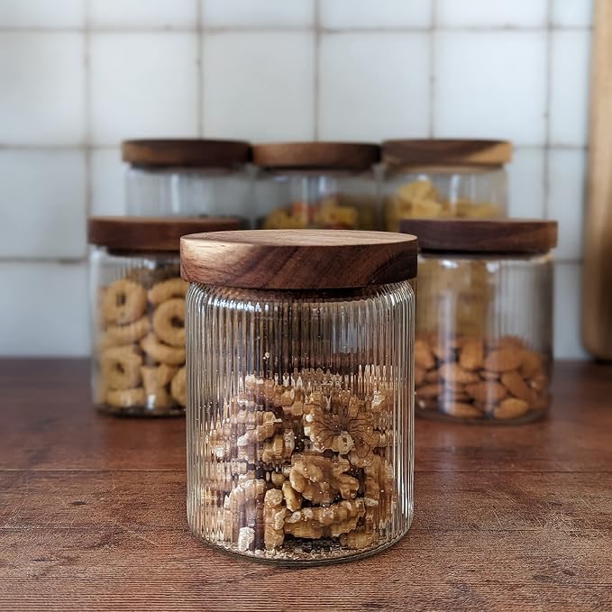 Mason & Fable Ribbed Glass Jar with Wooden Lid 17oz, Set of 3 | Airtight Fluted Storage Canisters for Food, Tea, Coffee, Candy/Spice | Organization Canisters for Home & Kitchen - Image 6