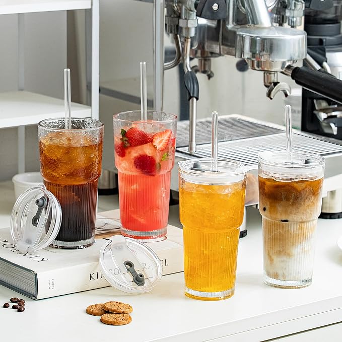SoulTimes 20oz Wave Ribbed Glass Tumbler with Lid and Straw – Iced Coffee Glasses Cups for Smoothie, Matcha, Juice, Water etc. Leakproof and Reusable Glassware Drinking for Daily & Travel To Go [6Pcs] - Image 2