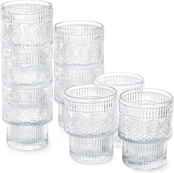 Kingrol Drinking Glasses Set of 8, 6.5 Ounces Stackbale Water Glasses, Vintage Glassware for Cocktail, Whiskey, Juice, Iced Coffee, Iced Tea, Bar Accessories - Image 2