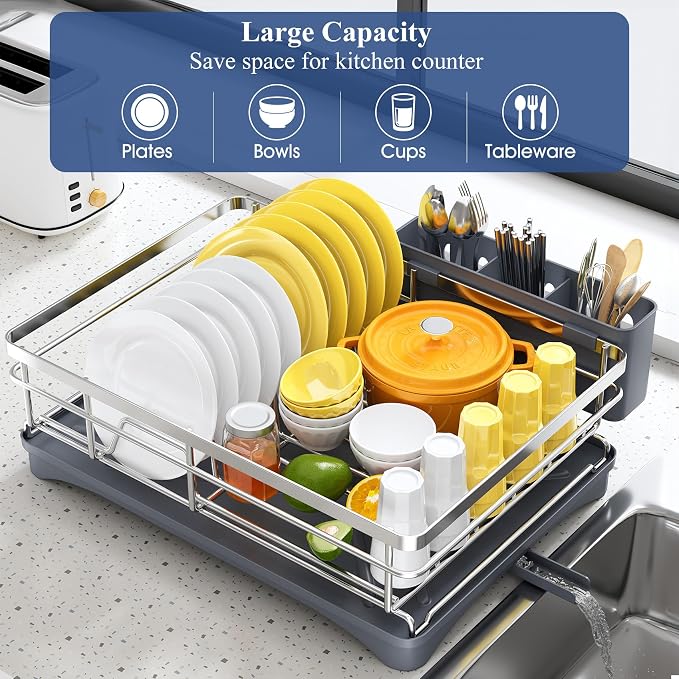 SNTD Dish Drying Rack for Kitchen Counter, 11.8" W x 16.7" L, Silver | Rustproof Stainless Steel, Large Capacity, Self-Draining Drainboard, Rotating Spout, Removable Utensil Holder - Image 2
