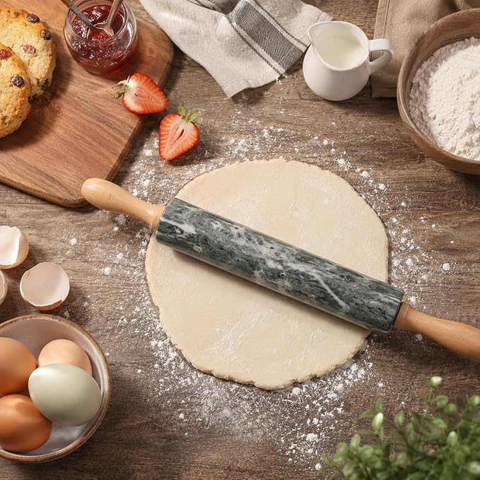 Natural Green Marble Rolling Pin, Non-Stick Polished Dough Roller, Pasta, Dumpling, Fondant, Pie Crust, Bread, Pizza Dough, Kitchen Baking Pastry Tools - Image 4