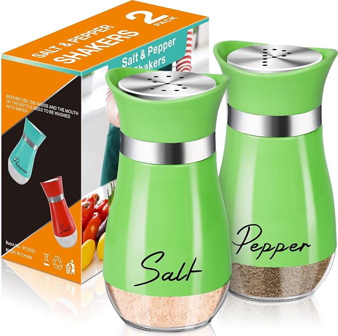 Salt and Pepper Shakers - 4 oz Green Glass Set with Stainless Steel Lids | Refillable Glass Shakers with Stainless Steel Lids Suit Cooking, Dining, RV Trips, Camping and BBQs; 4 oz Capacity Each. by ARROZON