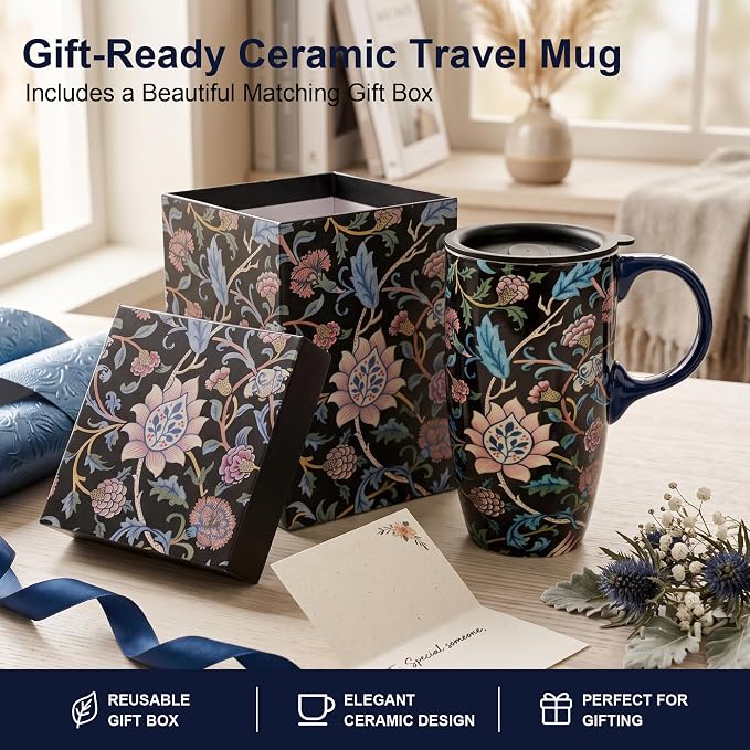 Topadorn Ceramic Travel Mug with Lid, Vintage Art, 17oz | Vintage Botanical Artwork • 17oz Capacity • Microwave & Dishwasher Safe • Gift Box Included - Image 7
