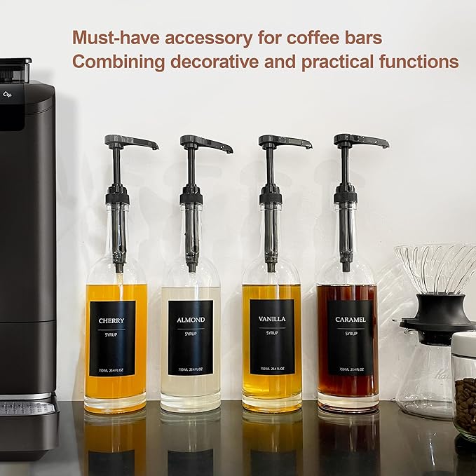 Coffee Syrup Dispenser, 25.4oz 750ml Glass Syrup Bottles, 4 Pack Syrup Dispenser for Coffee Bar With Large Leakproof Syrup Pump, 38 Labels, 120ml Espresso Cups