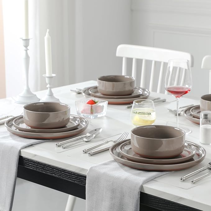 MALACASA Plates and Bowls Sets, 24 Pieces Modern Ceramic Dinnerware Set for 8 Kitchen Dinner Set Stoneware Dishware Dishes Set Microwave and Dishwasher Safe, Brown, Series TARA - Image 5