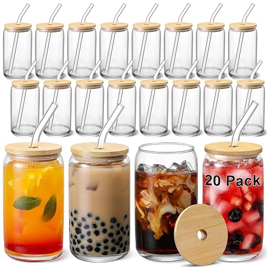 VITEVER [ 20pcs Set ] Glass Cups with Bamboo Lids and Glass Straw - Beer Shaped 16 oz Iced Coffee Drinking Glasses, Cute Tumbler Cup for Smoothie, Boba Tea, Whiskey, Water by VITEVER