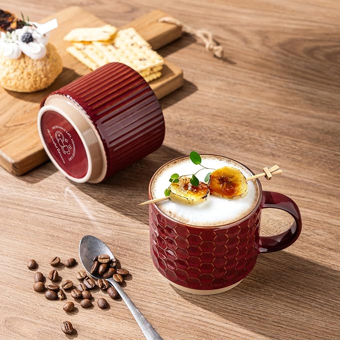 GBhome 15 OZ Stackable Coffee Mugs Set of 4, Ceramic Coffee Cups Set | 4 Assorted Designs, Embossed Mugs with Texture Patterns for Tea/Coffee, Dishwasher&Microwave Safe, Burgundy - Image 3