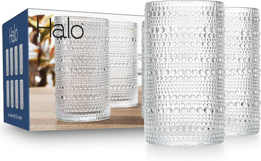 Highball Glasses Hobnail, Set of 8, Textured Embossed Beaded Design, 15.2 oz Cocktail Cooler Drinking Glassware Elegant Everyday Home Dinner Bar by MosJos