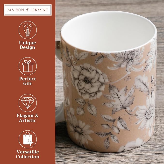Maison d' Hermine Coffee Mug with Handles Tea Cups (15 Ounce, Pack of 1) | Fine Bone China Coffee Mugs for Hot Beverages Cappuccino Latte Home Restaurant Spring Summer -Pretty Autumn - Pretty Mono - Image 2