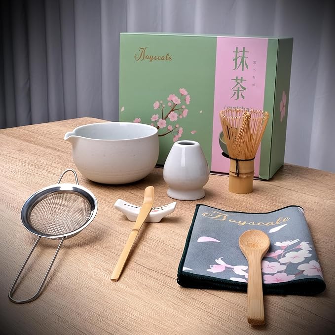 Joyscale Matcha Whisk Set, Matcha Set Whisk And Bowl, 8 Pcs Matcha Kit Set(Ancient Kiln Design), 14 OZ, Japanese Matcha Tea Set, Matcha Making Kit Gifts for Tea Lovers(White)