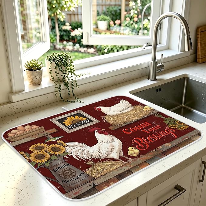 Rustic Hens Dish Drying Mat for Kitchen Counter Coffee Bar 18x24 in | Farmhouse Themed Non Slip Absorbent Kitchen Dishes Drainer Mat, with Anti-slip Rubber Backing & Hanging Loop, for Sink by HiWelcometoMCIAONE