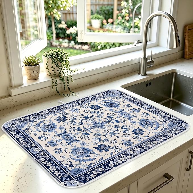 Chinoiserie Dish Drying Mat for Kitchen Coffee Bar 18x24 in Home Decor | Chinese Aesthetic Non Slip Absorbent Kitchen Dishes Drainer Mat, with Anti-slip Rubber Backing & Hanging Loop, for Sink by HiWelcometoMCIAONE