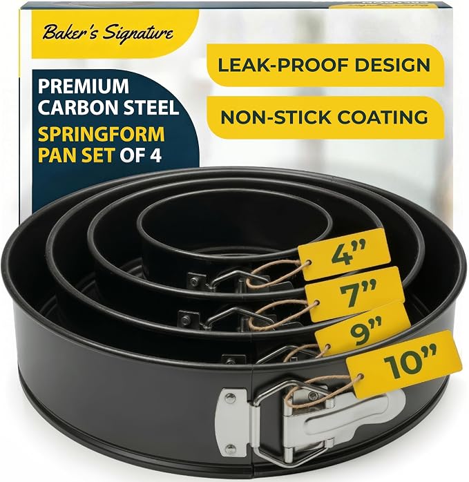 Springform Pan Set of 4, Nonstick Cheesecake Pans 4/7/9/10" Carbon Steel | Leakproof cake molds with removable bottom & secure latch; even-heat design for layered desserts by BakersSignature