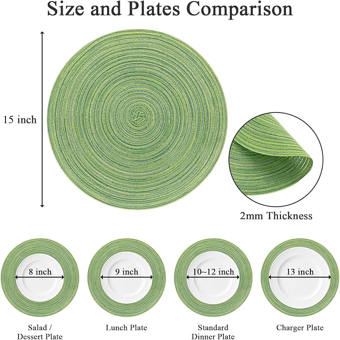 SHACOS Round Placemats Set of 6 for Dining Tables 15 inch Cotton Braided Placemats Washable Reversible for Kitchen Holiday Party (Mixed Color Pea Green, 6) - Image 3