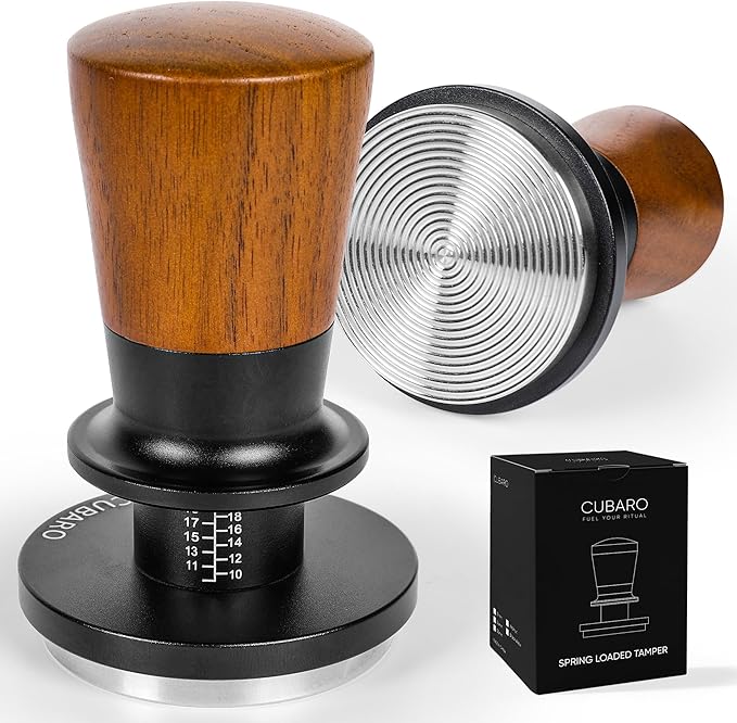 53.3mm Calibrated Espresso Tamper - 30lb Spring Loaded Auto-Leveling Coffee Tamper with Walnut Handle & Ripple Stainless Steel Base - Fits 54mm Breville Portafilter Machines