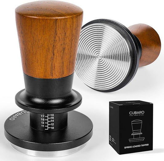 53.3mm Calibrated Espresso Tamper - 30lb Spring Loaded Auto-Leveling Coffee Tamper with Walnut Handle & Ripple Stainless Steel Base - Fits 54mm Breville Portafilter Machines