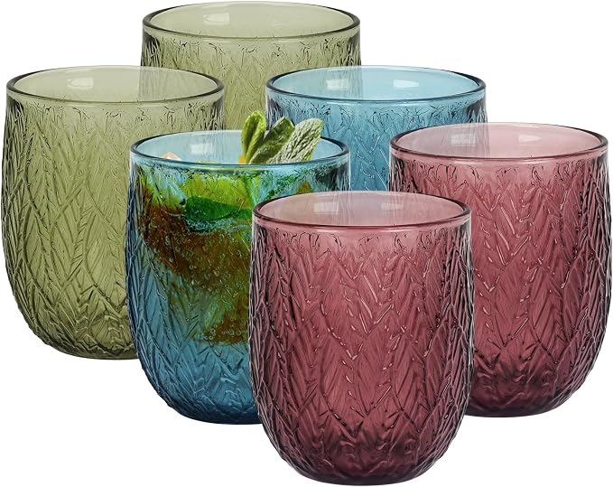 Topsky Vintage Colored Glassware Set of 6,12 oz Green Willow Leaf Drinking Glasses Set,Blue Drinkware Glasses for Wine,Cocktail,juice,Heavy Duty Glass Cups by HomeandKitchenNO1