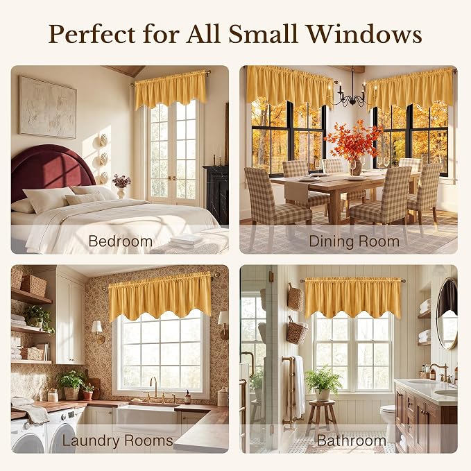 Yellowish Gold Scalloped Velvet Valance, Luxury Gold Wavy Window Treatments for Kitchen, Decorative Rod Pocket Short Drapes for Farmhouse, 52x18 Inch, 4 Panel Set - Image 2